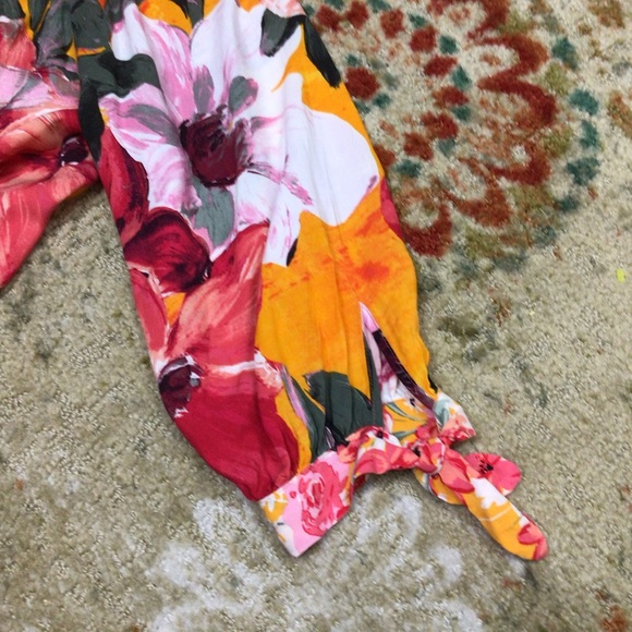 Fig & Flower Red Orange Floral Blouse Tie balloon Sleeves Boho pretty rayon L. - Picture 6 of 11